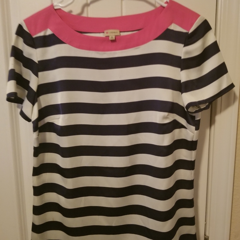 Cremieux navy cream striped blouse with pink XS